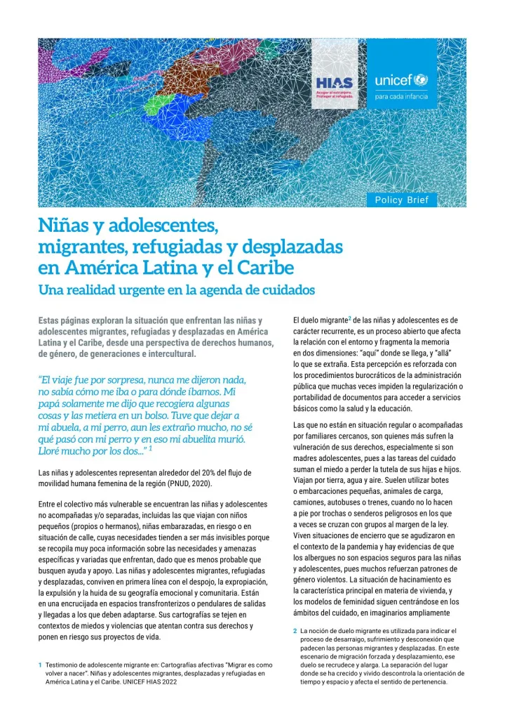 Portada de Niñas y adolescentes,   migrantes, refugiadas y desplazadas  en América Latina y el Caribe Una realidad urgente en la agenda de cuidados
