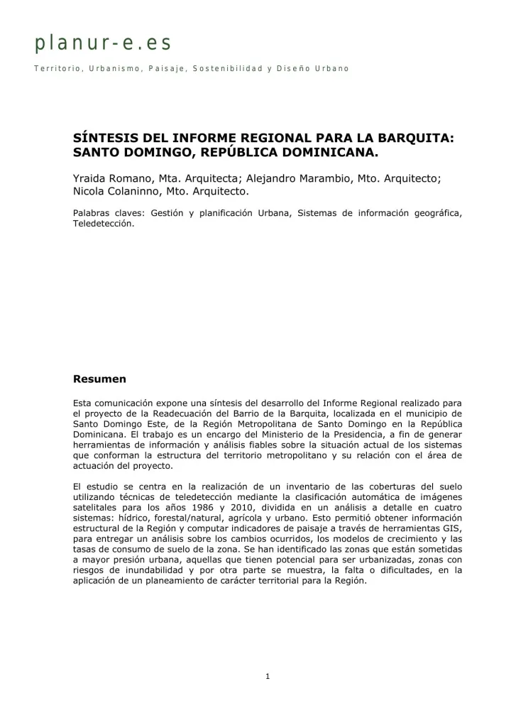 Portada de Síntesis del Informe Regional para La Barquita: Santo Domingo, República Dominicana