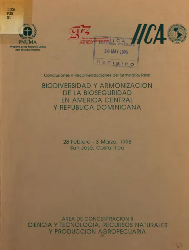 Portada de Conclusiones y Recomendaciones del Seminario/Taller Biodiversidad y Armonización de la Bioseguridad en América Central y República Dominicana