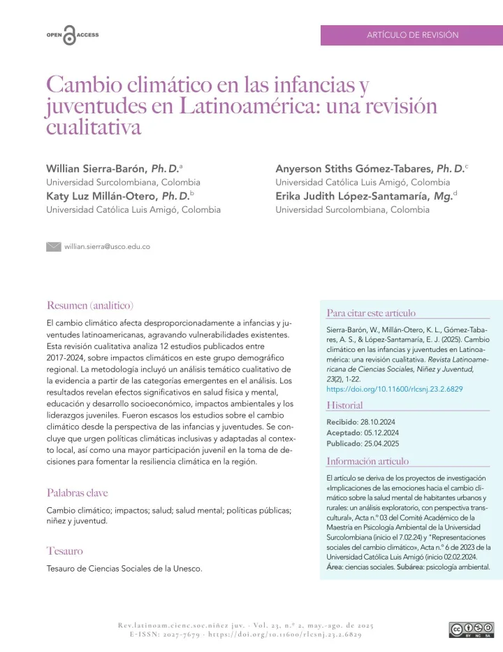 Portada de Cambio climático en las infancias y  juventudes en Latinoamérica: una revisión  cualitativa
