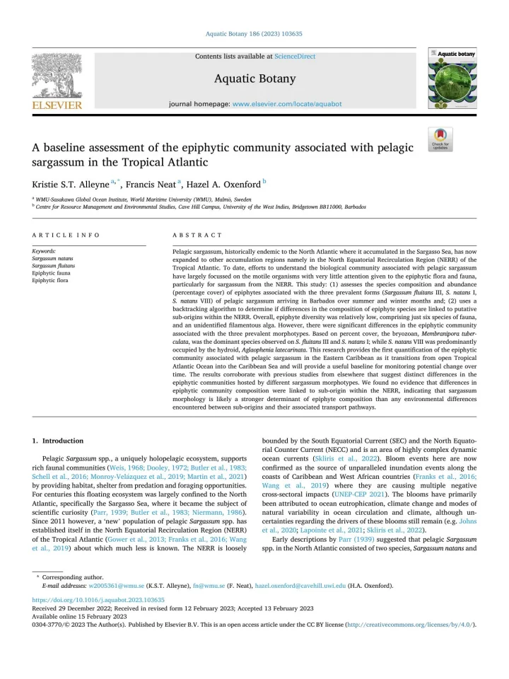 Portada de A baseline assessment of the epiphytic community associated with pelagic sargassum in the Tropical Atlantic