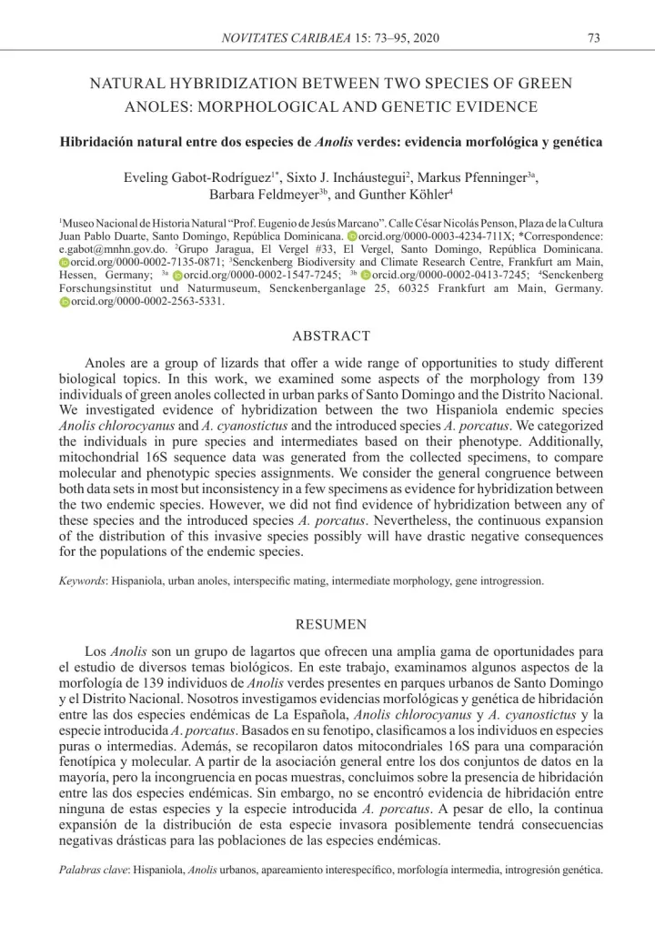 Portada de Natural hybridization between two species of green anoles: morphological and genetic evidence = Hibridación natural entre dos especies de Anolis verdes: evidencia morfológica y genética