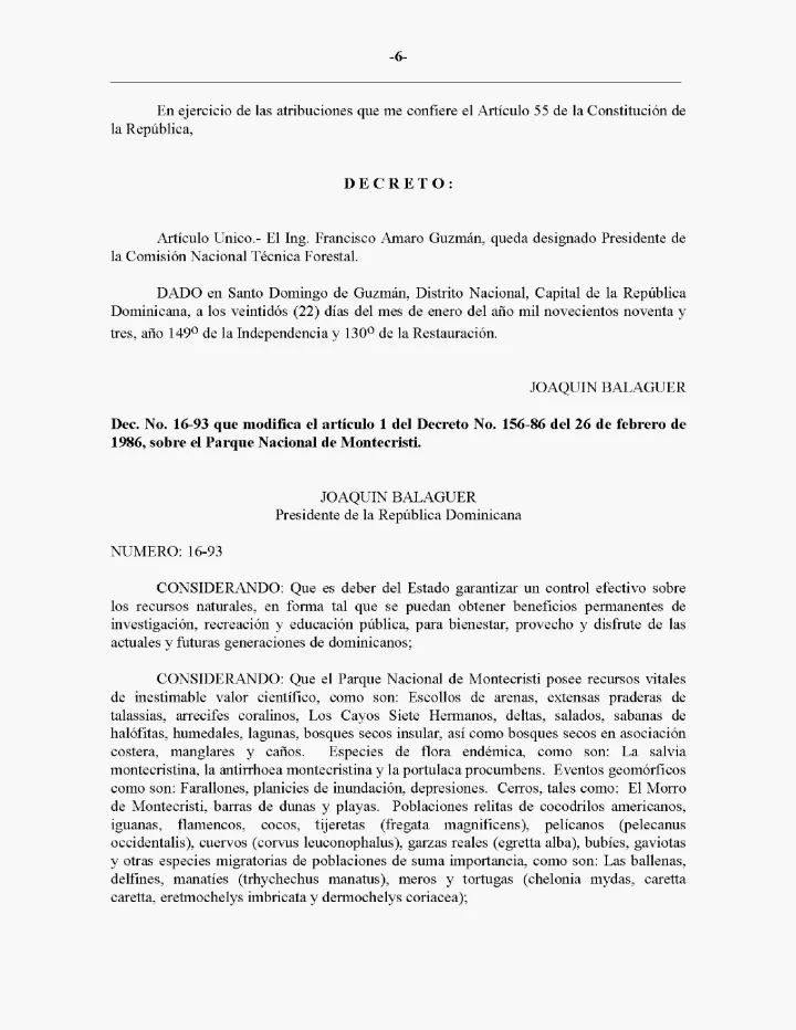 Portada de Decreto No. 16-93 que modifica el artículo 1 del Decreto No. 156-86 del 26 de febrero de 1986, sobre el Parque Nacional de Montecristi