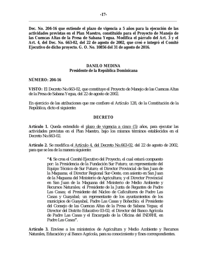 Portada de Decreto No. 204-16 que extiende el plazo de vigencia para la ejecución del Plan Maestro del Proyecto de Manejo de las Cuencas Altas de la Presa de Sabana Yegua