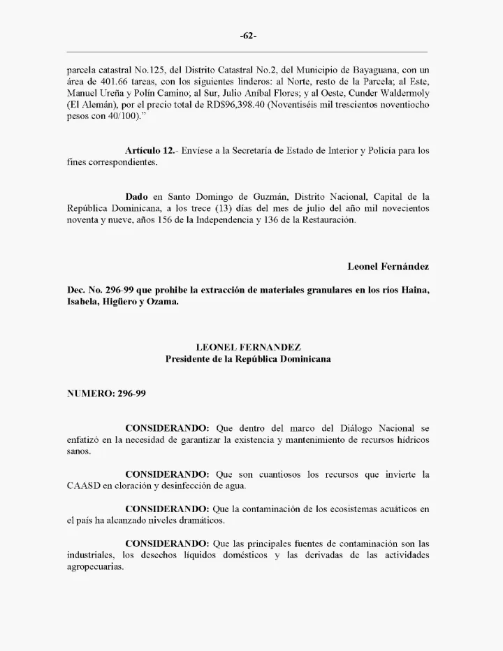 Portada de Decreto No. 296-99 que prohíbe la extracción de materiales granulares en los ríos Haina, Isabela, Higüero y Ozama