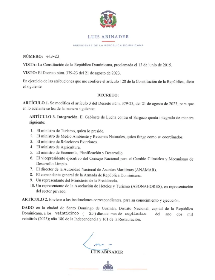 Portada de Decreto núm. 443-23 que modifica el artículo 3 del Decreto núm. 379-23, del 21 de agosto de 2023, que integra el Gabinete de Lucha contra el Sargazo