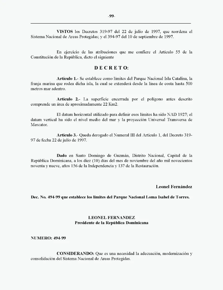 Portada de Decreto No. 494-99 que establece los límites del Parque Nacional Loma Isabel de Torres