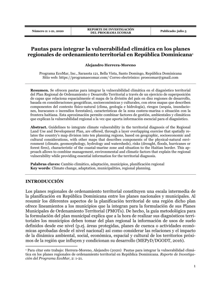 Portada de Pautas para integrar la vulnerabilidad climática en los planes regionales de ordenamiento territorial en República Dominicana