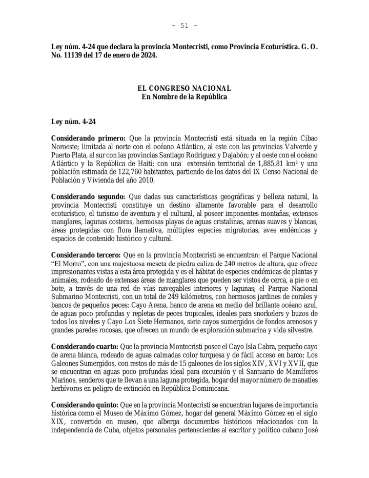 Portada de Ley No. 4-24 que declara la provincia Montecristi, como Provincia Ecoturística. G. O.  No. 11139 del 17 de enero de 2024