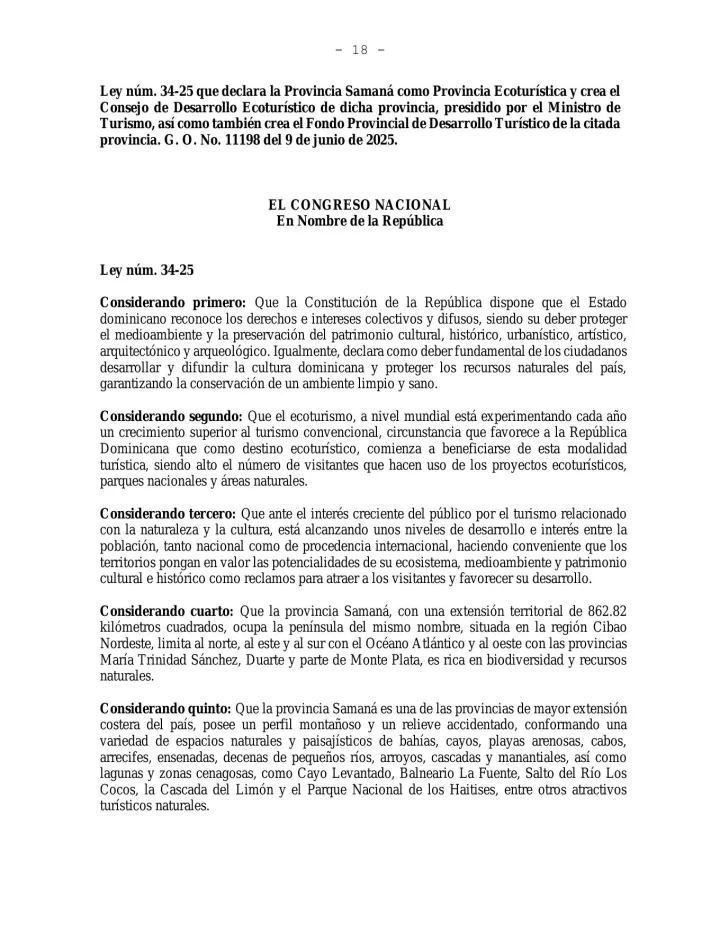 Portada de Ley No. 34-25 que declara la Provincia Samaná como Provincia Ecoturística y crea el  Consejo de Desarrollo Ecoturístico de dicha provincia, presidido por el Ministro de  Turismo, así como también crea el Fondo Provincial de Desarrollo Turístico de la citada  provincia. G. O. No. 11198 del 9 de junio de 2025.