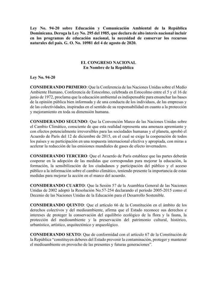 Portada de Ley No. 94-20 sobre Educación y Comunicación Ambiental de la República  Dominicana. Deroga la Ley No. 295 del 1985, que declara de alto interés nacional incluir  en los programas de educación nacional, la necesidad de conservar los recursos  naturales del país. G. O. No. 10981 del 4 de agosto de 2020.