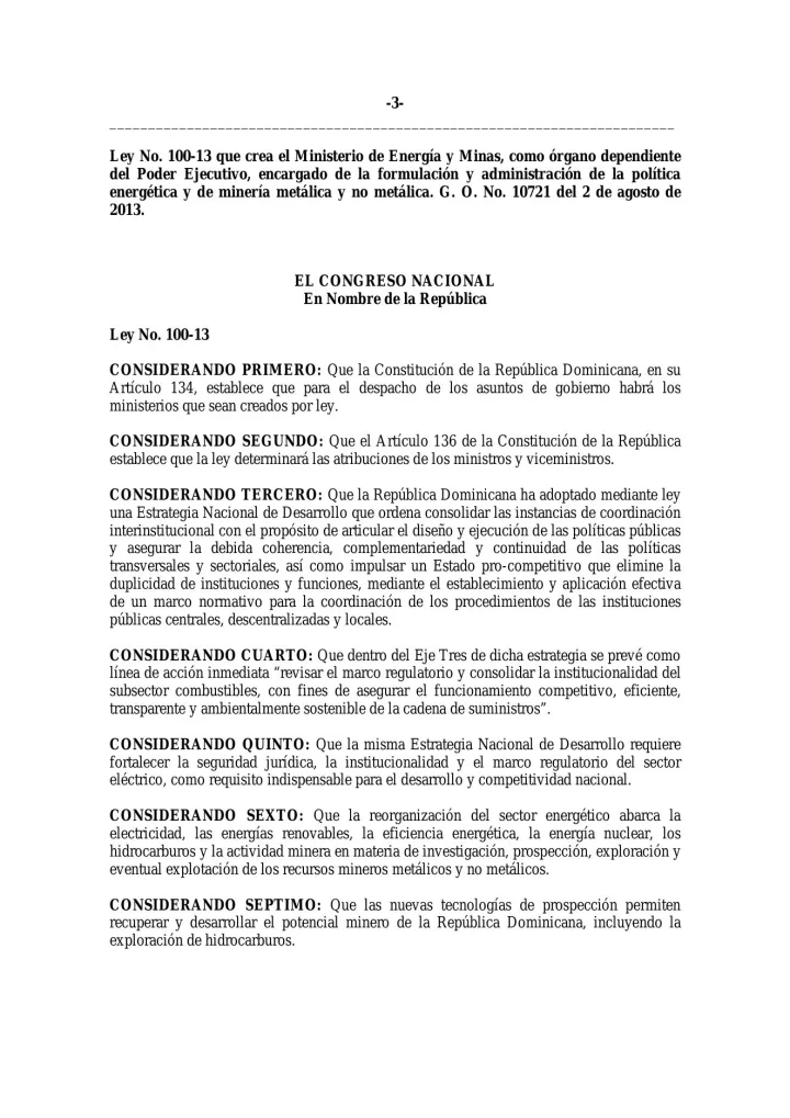 Portada de Ley No. 100-13 que crea el Ministerio de Energía y Minas, como órgano dependiente del Poder Ejecutivo, encargado de la formulación y administración de la política energética y de minería metálica y no metálica