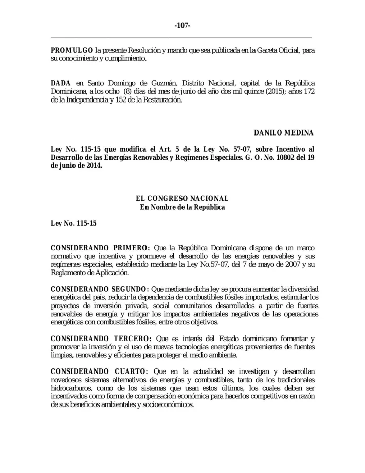 Portada de Ley No. 115-15 que modifica el Art. 5 de la Ley No. 57-07, sobre Incentivo al Desarrollo de las Energías Renovables y Regímenes Especiales