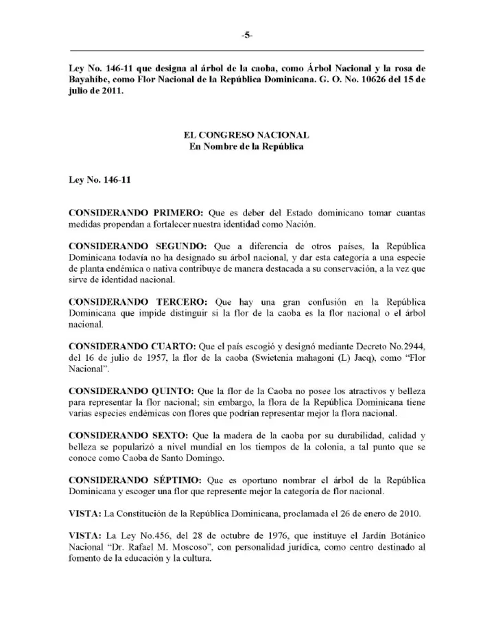 Portada de Ley No. 146-11 que designa al árbol de la caoba, como Árbol Nacional y la rosa de Bayahibe, como Flor Nacional de la República Dominicana
