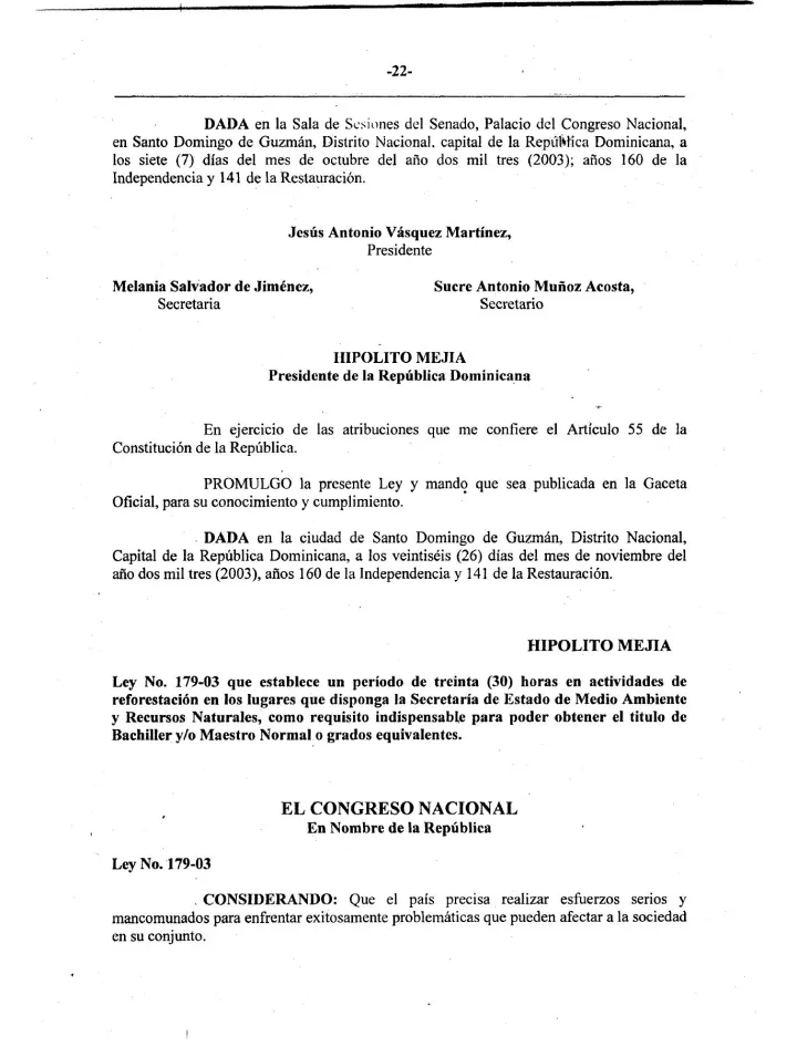 Portada de Ley No. 179-03 que establece un período de treinta (30) horas en actividades de reforestación en los lugares que disponga la Secretaría de Estado de Medio Ambiente y Recursos Naturales, como requisito indispensable para poder obtener el título de Bachiller y/o Maestro Normal o grados equivalentes