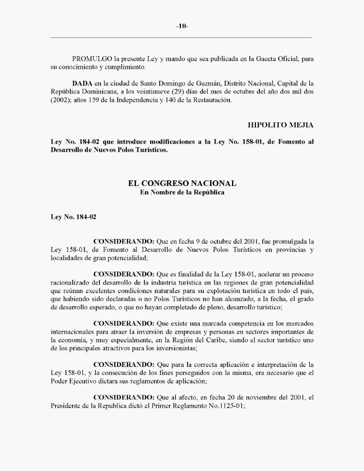 Portada de Ley No. 184-02 que introduce modificaciones a la Ley No. 158-01, de Fomento al Desarrollo de Nuevos Polos Turísticos