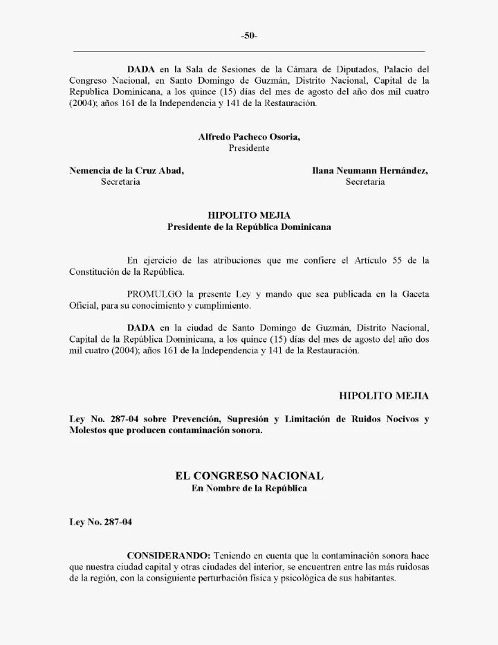 Portada de Ley No. 287-04 sobre Prevención, Supresión y Limitación de Ruidos Nocivos y Molestos que producen contaminación sonora