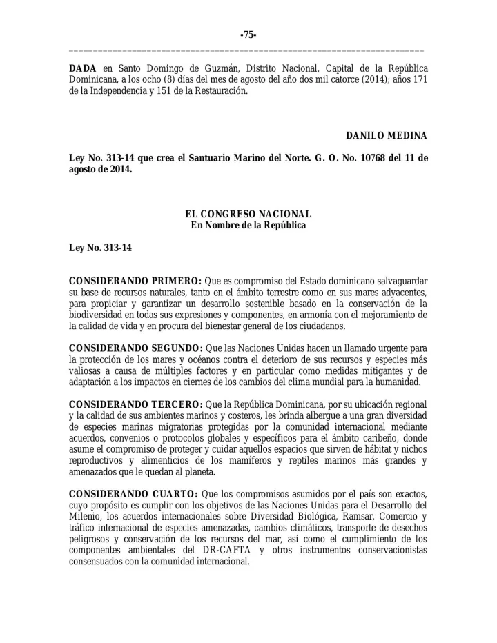 Portada de Ley No. 313-14 que crea el Santuario Marino del Norte