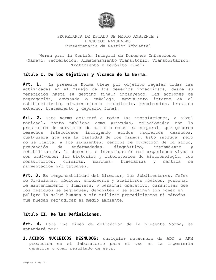 Portada de Norma para la Gestión Integral de Desechos Infecciosos (Manejo, Segregación, Almacenamiento Transitorio, Transportación, Tratamiento y Depósito Final)