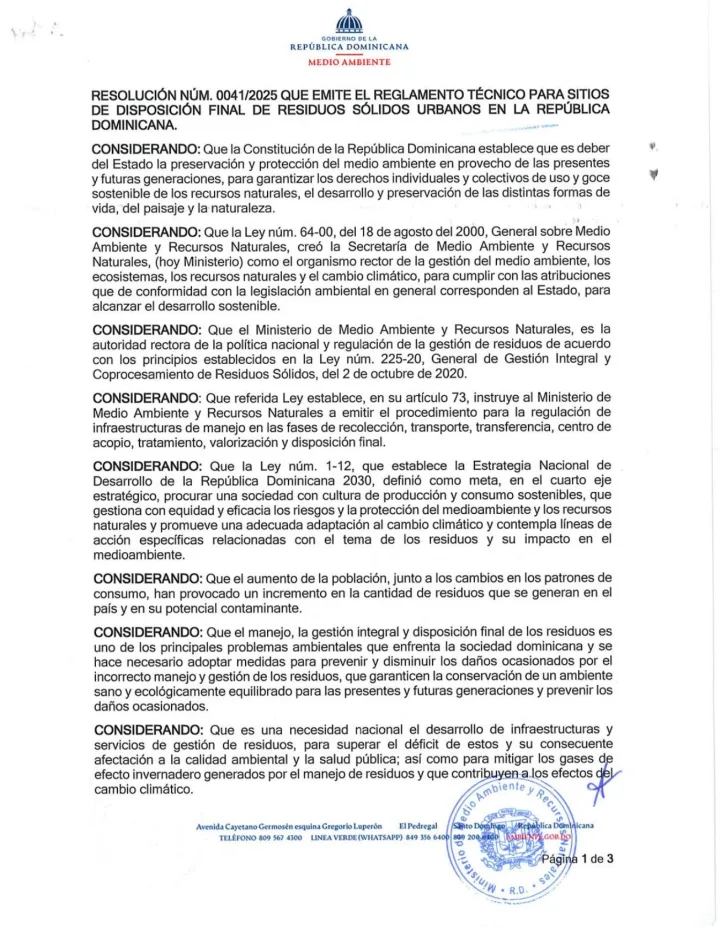 Portada de Resolución No. 0041/2025 que emite el Reglamento Técnico para Sitios de Disposición Final de Residuos Sólidos Urbanos en la República Dominicana
