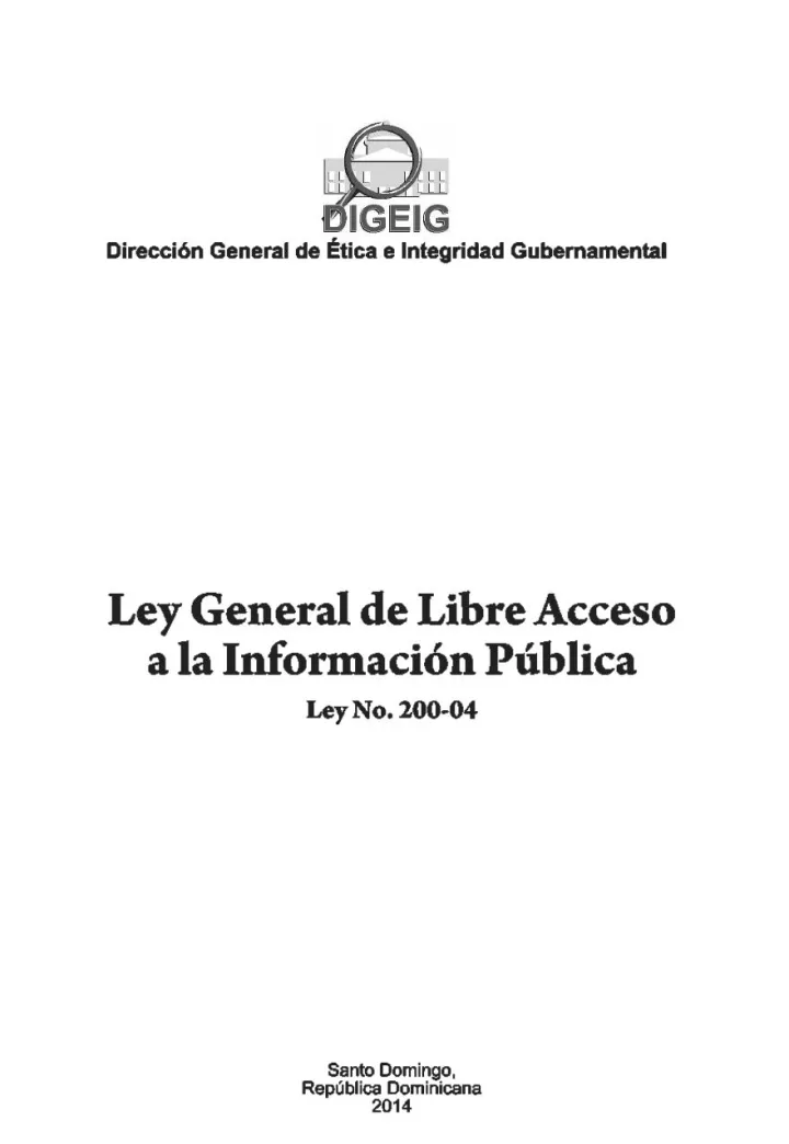 Portada de Ley General de Libre Acceso a la Información Pública No. 200-04 y el Decreto No. 130-05 que aprueba su reglamento de aplicación