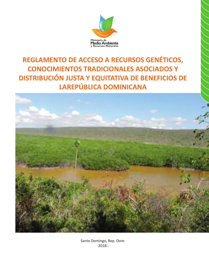 Portada de Reglamento de Acceso a Recursos Genéticos, Conocimientos Tradicionales Asociados y Distribución Justa y Equitativa de Beneficios de la República Dominicana