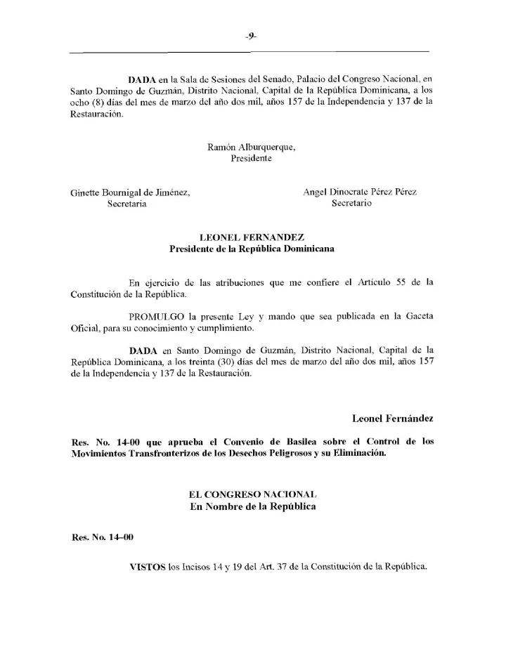 Portada de Resolución No. 14-00 que aprueba el Convenio de Basilea sobre el Control de los Movimientos Transfronterizos de los Desechos Peligrosos y su Eliminación