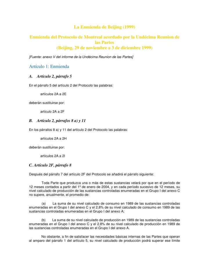 Portada de La Enmienda de Beijing (1999) Enmienda del Protocolo de Montreal acordado por la Undécima Reunion de las Partes (Beijing, 29 de noviembre a 3 de diciembre 1999)