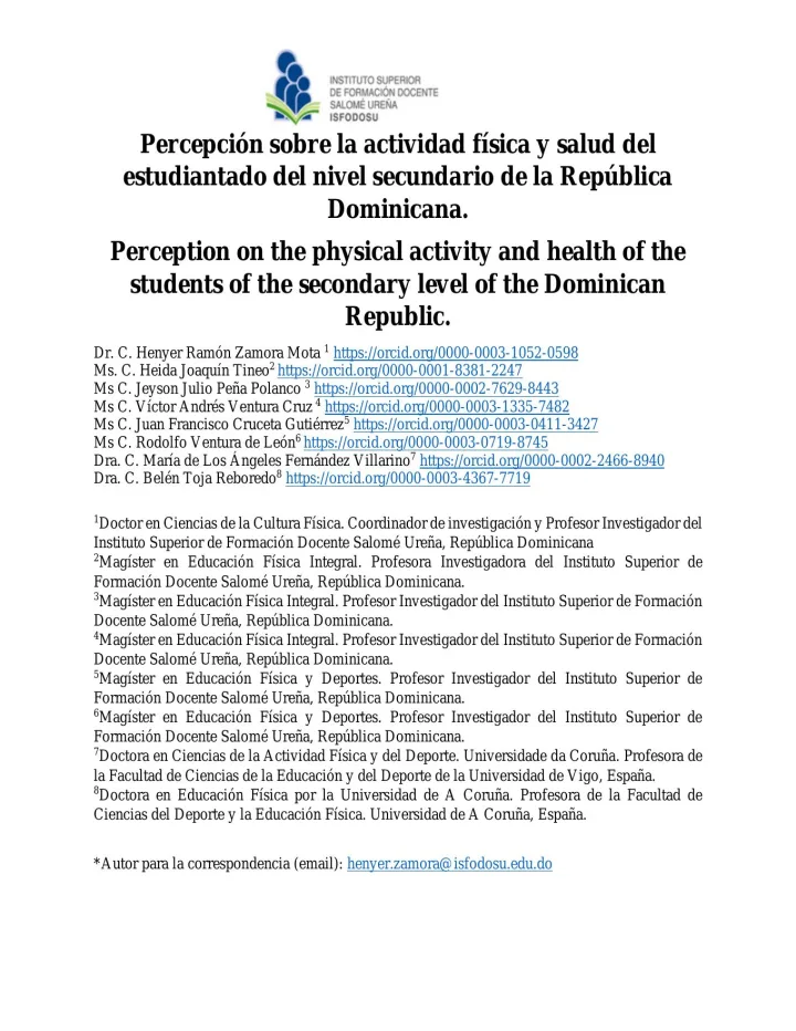 Portada de Percepción sobre la actividad física y salud del estudiantado del nivel secundario de la República Dominicana