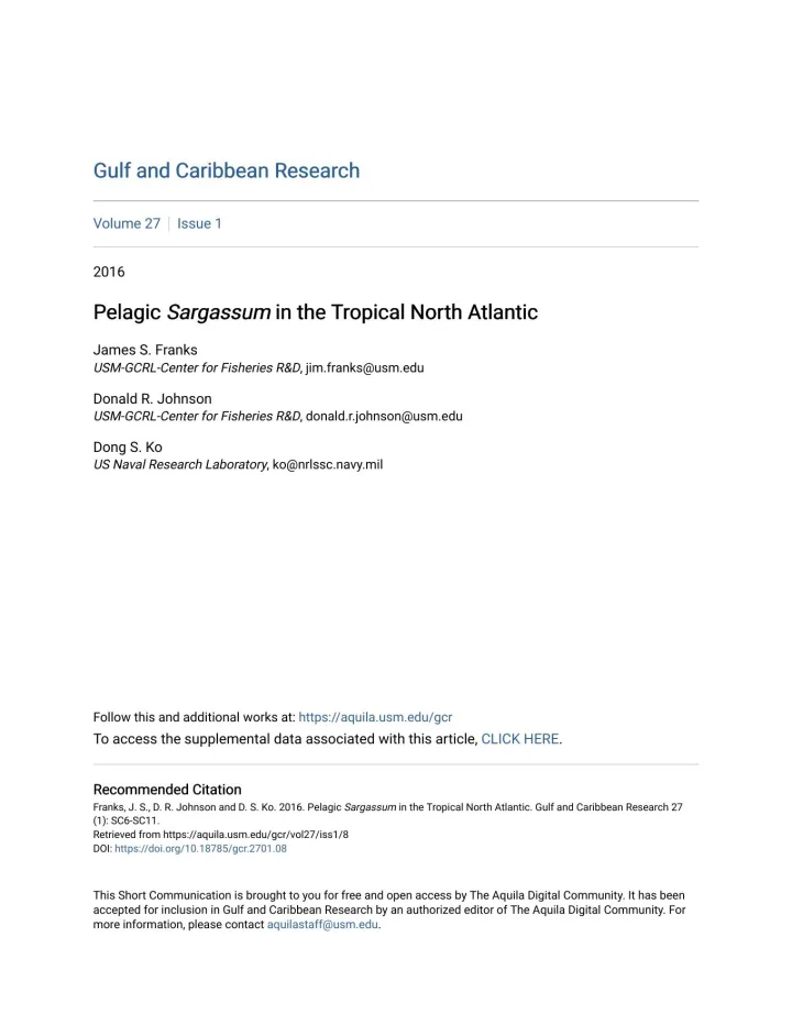 Portada de Pelagic Sargassum in the Tropical North Atlantic