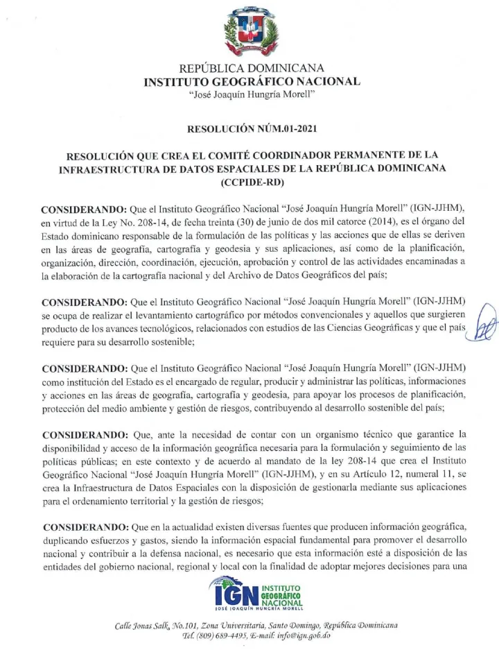 Portada de Resolución Num. 01-2021: Resolución que crea el Comité Coordinador Permanente de la Infraestructura de Datos Espaciales de la República Dominicana (CCPIDE-RD)
