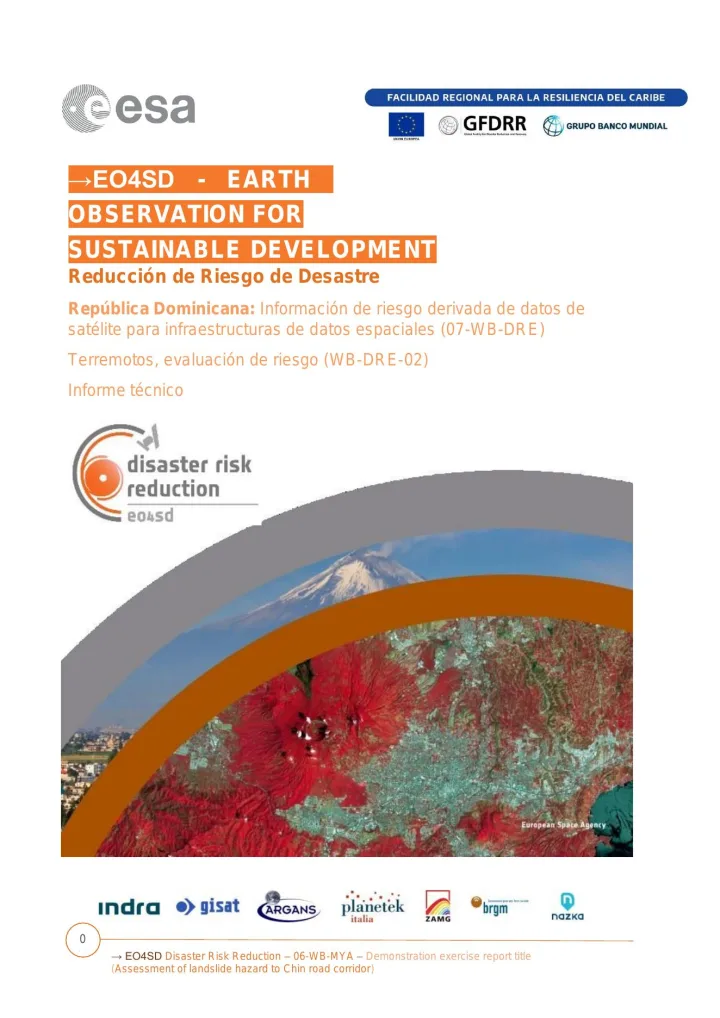 Portada de Reducción de Riesgo de Desastre. República Dominicana: Información de riesgo derivada de datos de satélite para infraestructuras de datos espaciales (07-WB-DRE) - Terremotos, evaluación de riesgo (WB-DRE-02): Informe técnico