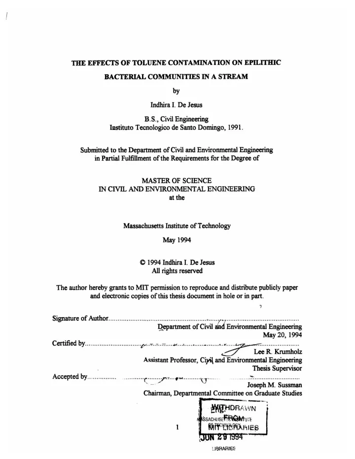 Portada de THE EFFECTS OF TOLUENE CONTAMINATION ON EPILITHIC BACTERIAL COMMUNITIES IN A STREAM