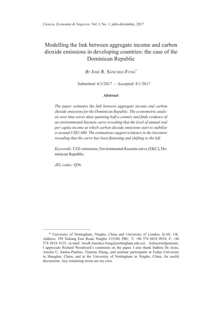 Portada de Modelling the link between aggregate income and carbon dioxide emissions in developing countries: the case of the Dominican Republic
