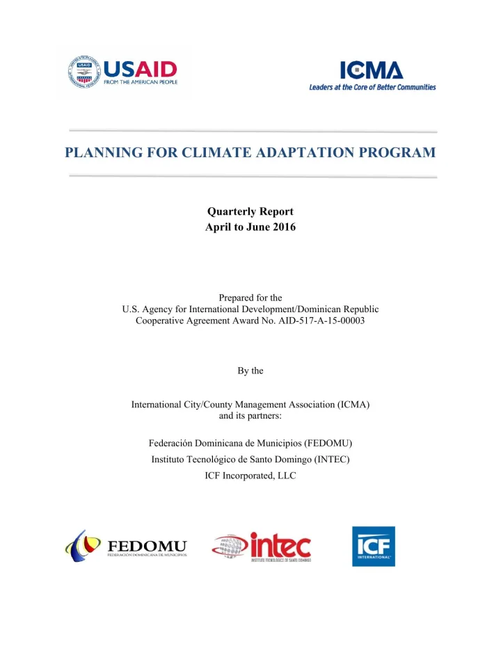 Portada de USAID/ICMA Planning for Climate Adaptation Program: Quarterly Report April to June 2016