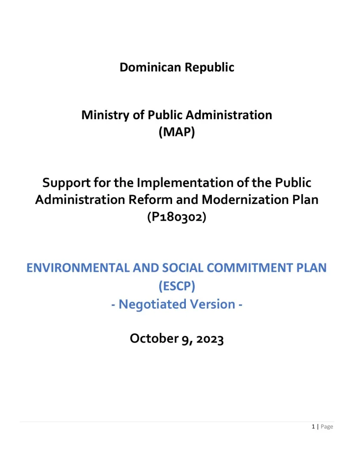 Portada de Environmental and Social Commitment Plan (ESCP): Support for the Implementation of the Public Administration Reform and Modernization Plan (P180302)