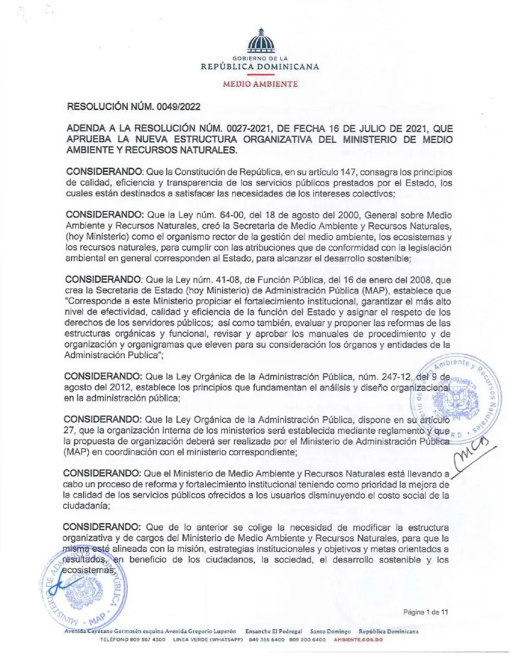 Portada de Resolución Núm. 0049/2022: Adenda a la Resolución Núm. 0027-2021, de fecha 16 de julio de 2021, que aprueba la nueva estructura organizativa del Ministerio de Medio Ambiente y Recursos Naturales