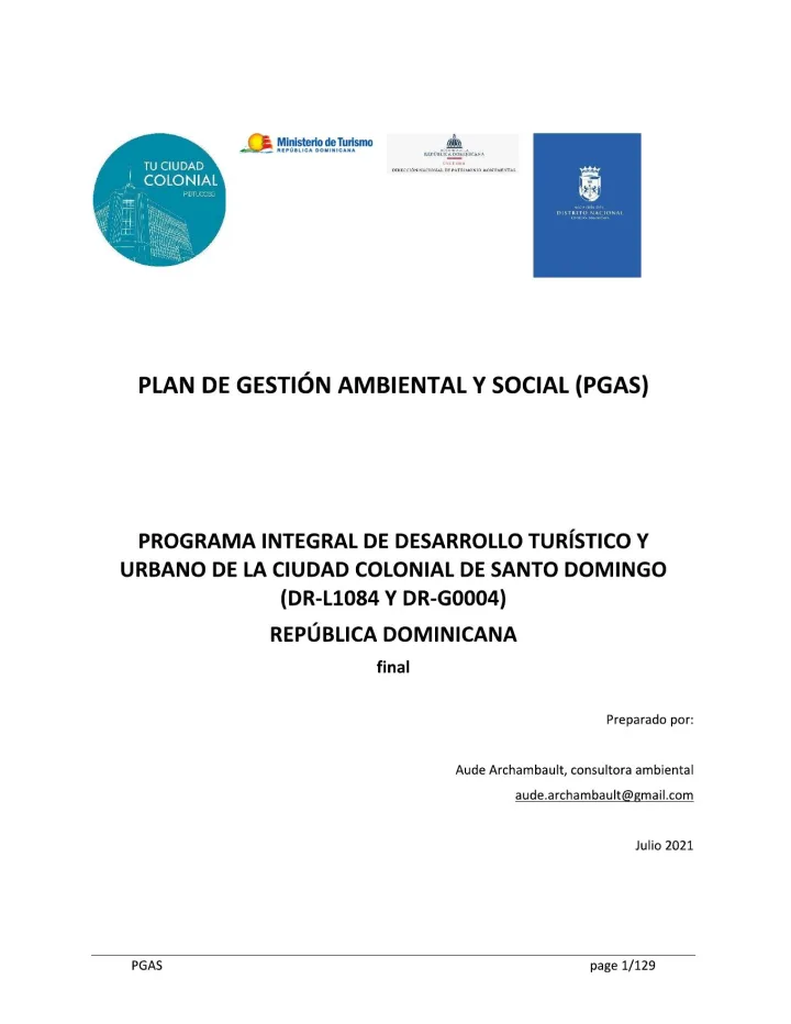 Portada de Plan de Gestión Ambiental y Social (PGAS): Programa Integral de Desarrollo Turístico y Urbano de la Ciudad Colonial de Santo Domingo (DR-L1084 y DR-G0004)