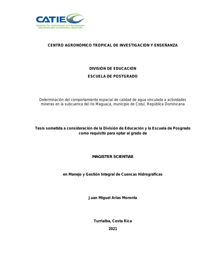 Portada de Determinación del comportamiento espacial de calidad de agua vinculada a actividades mineras en la subcuenca del río Maguaca, municipio de Cotuí, República Dominicana