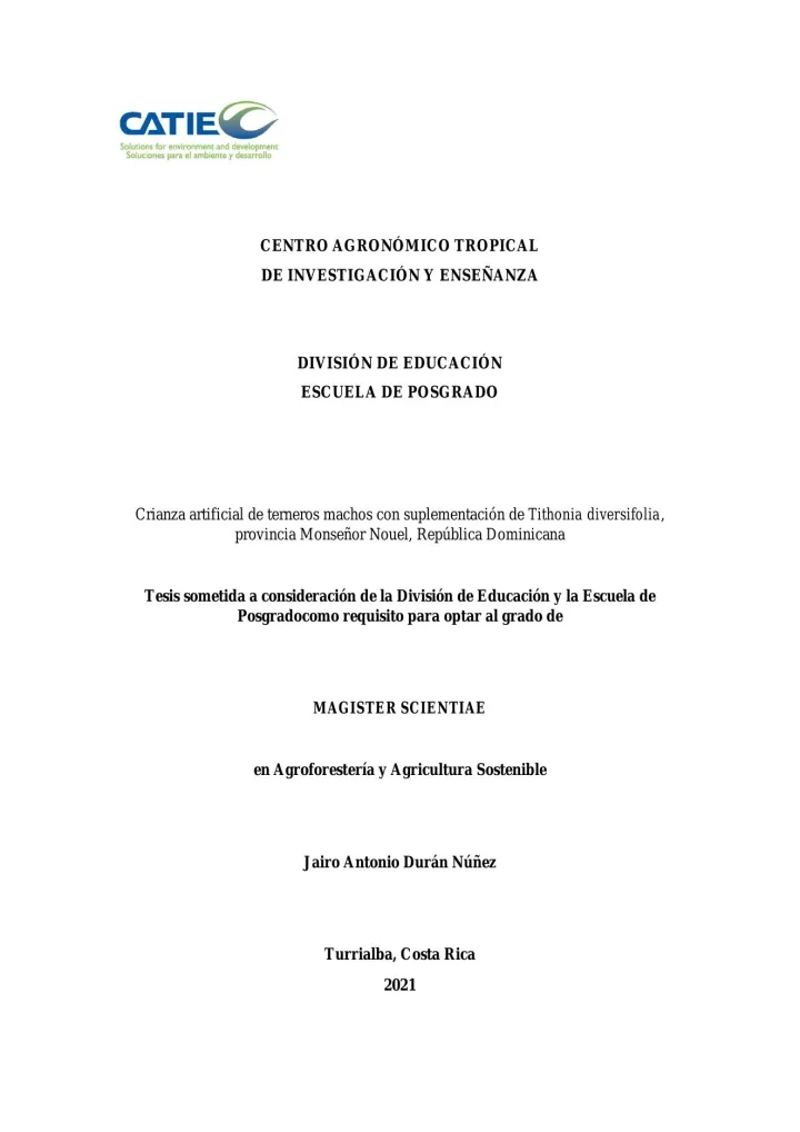 Portada de Crianza artificial de terneros machos con suplementación de Tithonia diversifolia, provincia Monseñor Nouel, República Dominicana
