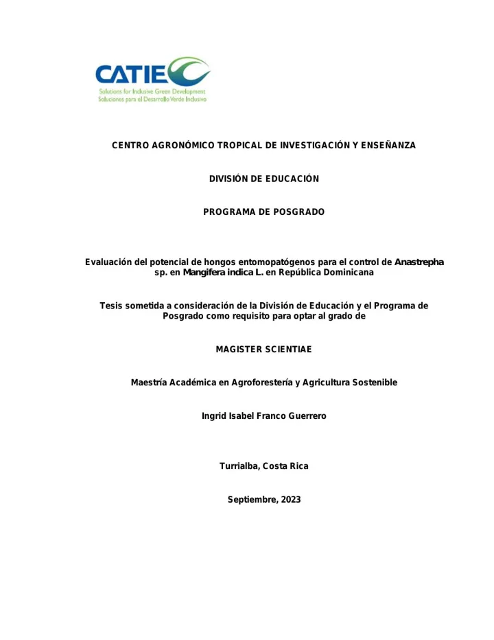 Portada de Evaluación del potencial de hongos entomopatógenos para el control de Anastrepha sp. en Mangifera indica L. en República Dominicana