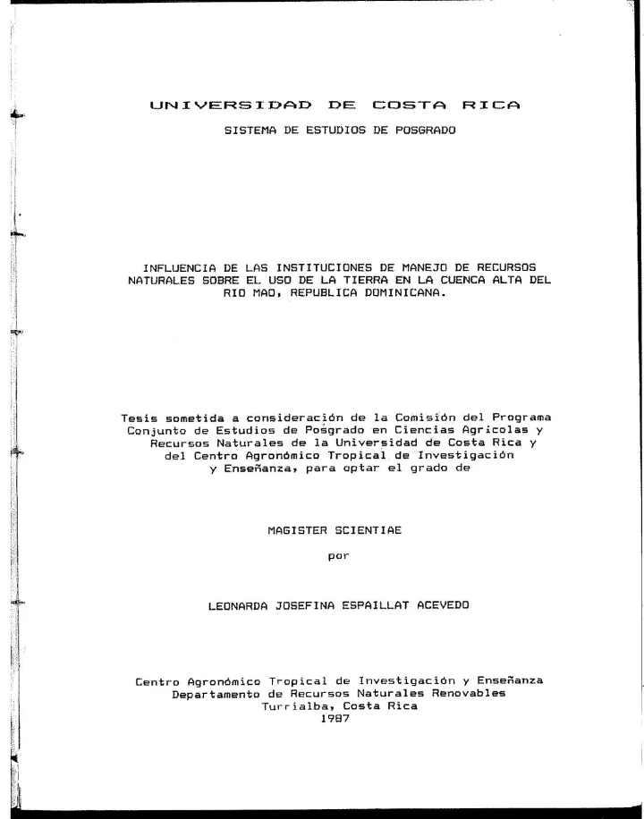 Portada de Influencia de las instituciones de manejo de recursos naturales sobre el uso de la tierra en la cuenca alta del Río Mao, República Dominicana
