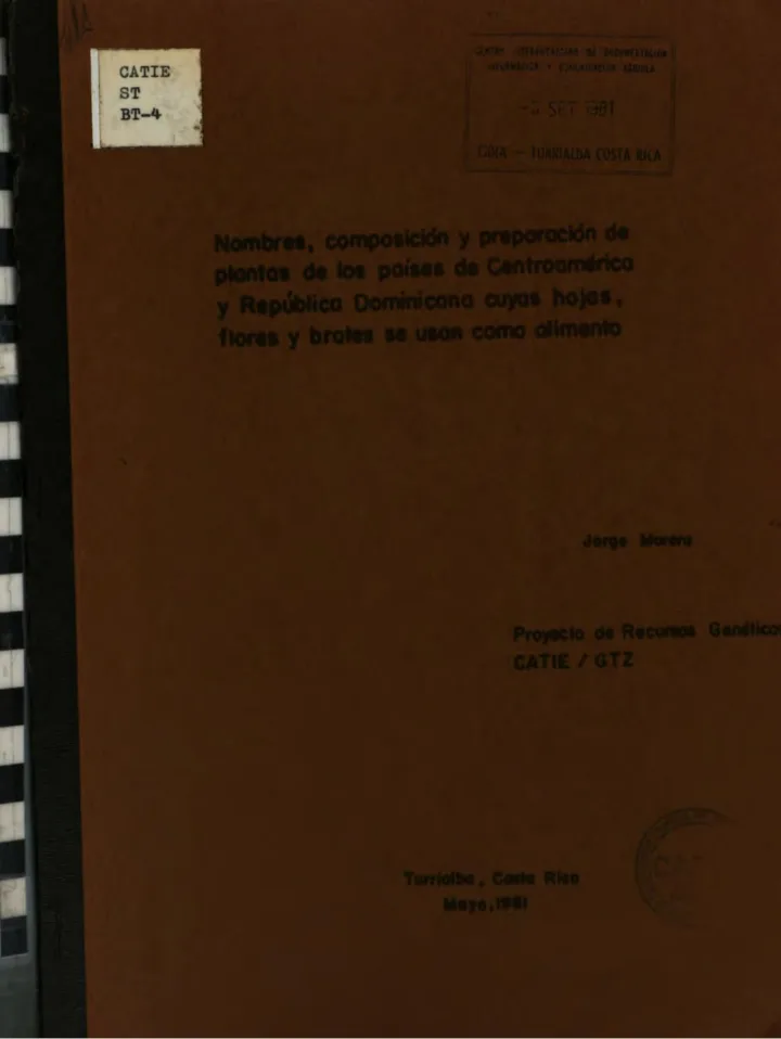 Portada de Nombres, composición y preparación de plantas de los países de Centroamérica y República Dominicana cuyas hojas, flores y brotes se usan como alimento