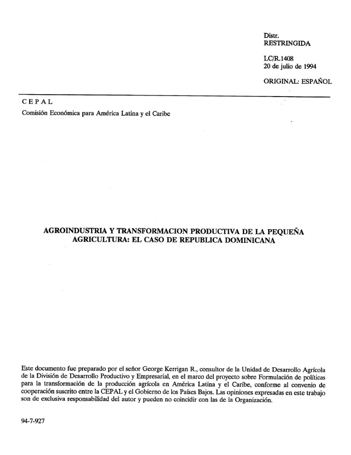 Portada de AGROINDUSTRIA Y TRANSFORMACION PRODUCTIVA DE LA PEQUEÑA AGRICULTURA: EL CASO DE REPUBLICA DOMINICANA