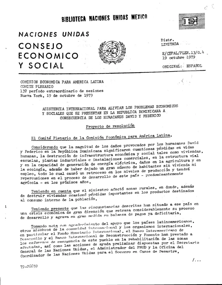 Portada de Asistencia internacional para aliviar los problemas económicos y sociales que se presentan en la República Dominicana a consecuencia de los huracanes David y Federico