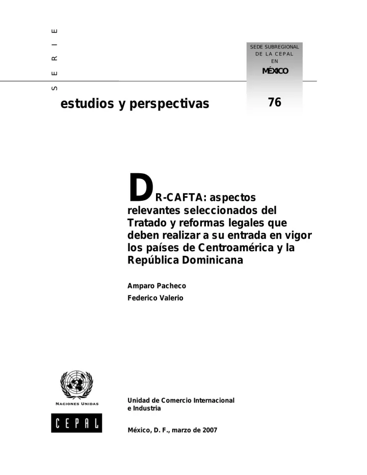 Portada de DR-CAFTA: aspectos relevantes seleccionados del Tratado y reformas legales que deben realizar a su entrada en vigor los países de Centroamérica y la República Dominicana