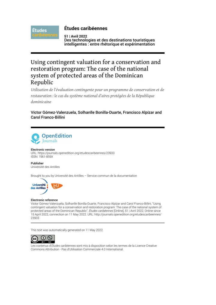 Portada de Using contingent valuation for a conservation and restoration program: The case of the national system of protected areas of the Dominican Republic
