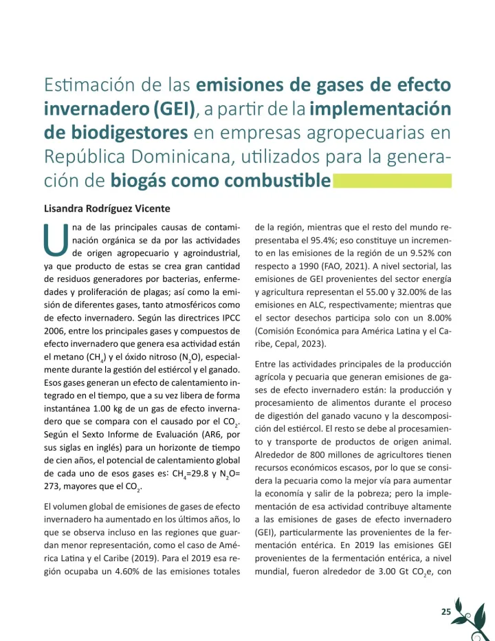 Portada de Estimación de las emisiones de gases de efecto invernadero (GEI), a partir de la implementación de biodigestores en empresas agropecuarias en República Dominicana, utilizados para la generación de biogás como combustible
