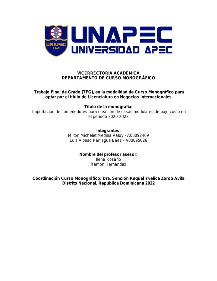 Portada de Importación de contenedores para creación de casas modulares de bajo costo, en el período 2020-2022
