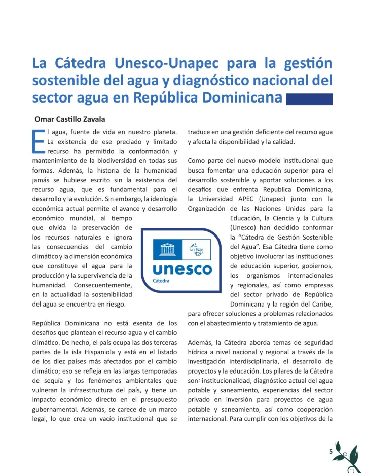 Portada de La Cátedra Unesco-Unapec para la gestión sostenible del agua y diagnóstico nacional del sector agua en República Dominicana